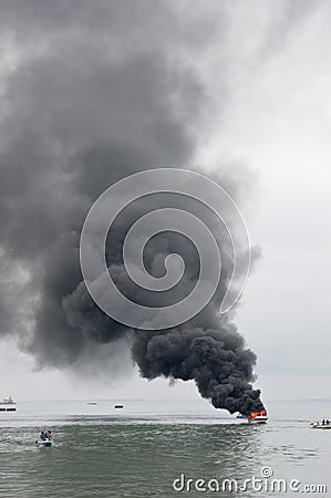 Speed boat on fire in Tarakan, Indonesia