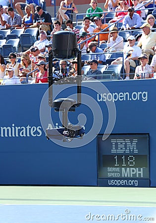 Spidercam aerial camera system used for broadcast from Arthur Ashe Stadium at US Open 2013