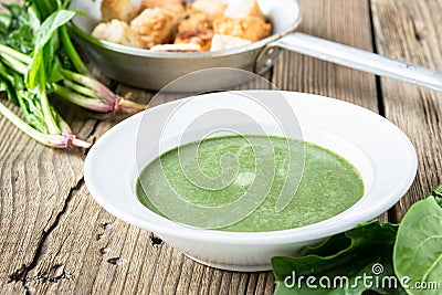 Spinach cream soup with fresh spinach leaves on wooden backgrou