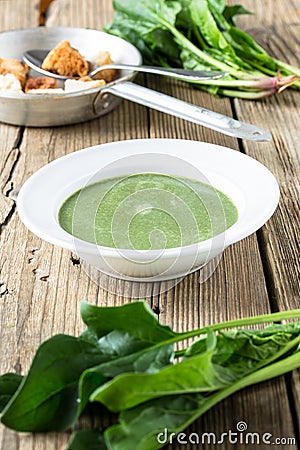 Spinach cream soup with fresh spinach leaves on wooden backgrou