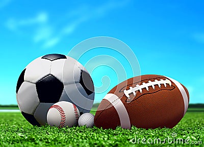 Sport Balls on Grass with Blue Sky