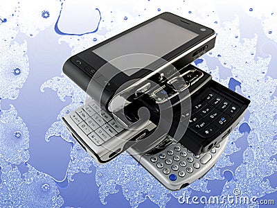 Stack of Several Modern Mobile Phones on Fractal