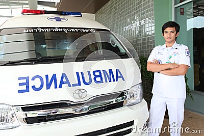 Staff of emergency rescues team and his ambulance car