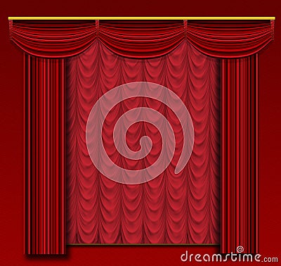 Stage curtains with ornate backdrop and wall.