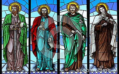 Stained glass window with saints