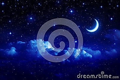 Starry sky with half moon in scenic cloudscape