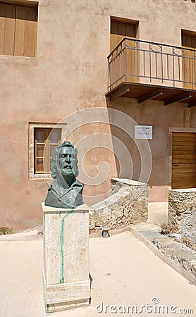 Statue of Greek poet Yiannis Ritsos in Monemvasia