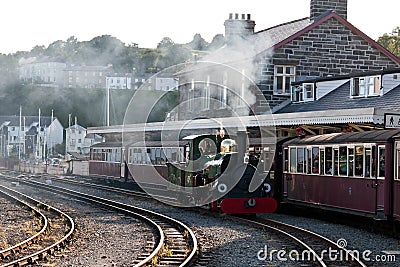 Steam train in Porthmadog Station,