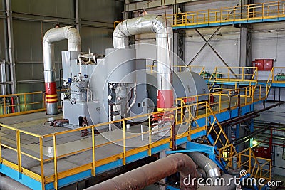 Steam turbine rotates generator in the turbine hall