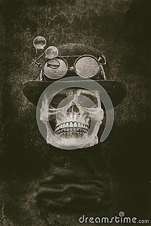 Steampunk halloween skull with bowler hat and goggles grunge eff