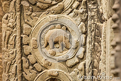 Stegosaurus bas-relief on the wall of Ta Prohm temple