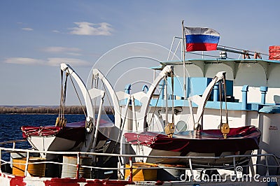 Stern of motor ship with russian flag