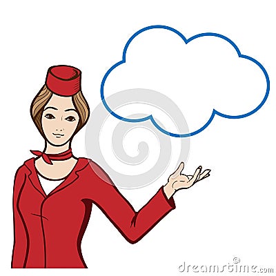 Stewardess in uniform showing a speech bubble
