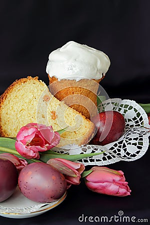 Still life with a festive cake and eggs