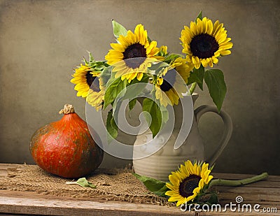 Still life with sunflower bouquet and pumpkin