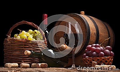 Still life with wine bottles, glasses and oak barrels