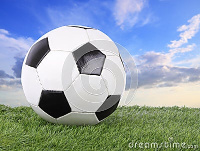 Stitch leather soccer ball on green field