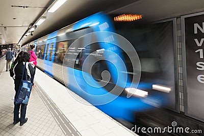 Stockholm Subway with an incomming blue train