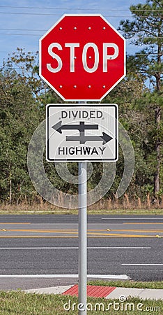 Stop and Divided Highway Sign