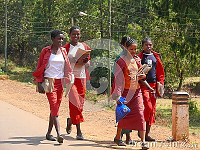 Strange young girls - schoolgirls are on the road with the home study in Debre Markos, Ethiopia - November 24, 2008.