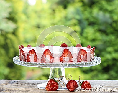 Strawberry cake on wooden table in lush summer garden