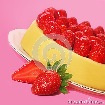 Strawberry cheese cake on a pink background