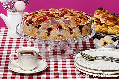 Strawberry pie on cake stand