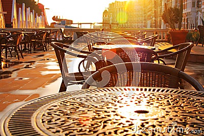 Street cafe early morning. Rising sun