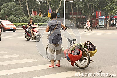 Street fruit seller with fruits on her bicycle