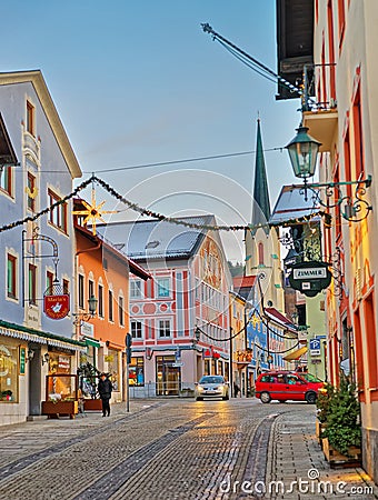 garmisch partenkirchen street christmas editorial cozy himmelfahrt narrow illumination maria germany january illuminated assumption church