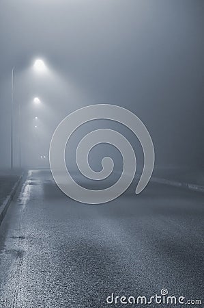 Street lights, foggy misty night, lamp post lanterns, deserted