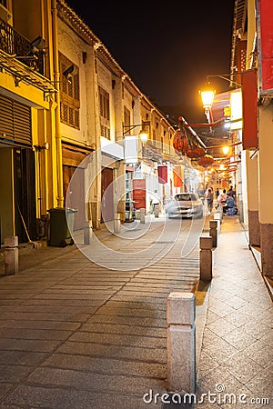 Street at night in the old district of Macau