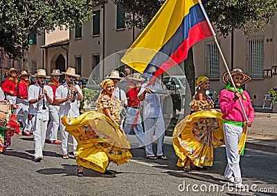 Street parade of colombian dancers