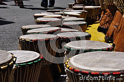 Street vendor of African djembe drums