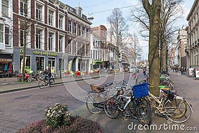 Streetview with parked bicycles in the old center of the Dutch governmental city The Hague