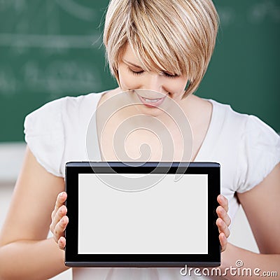 Student displaying the screen of her tablet-pc