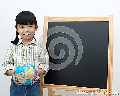 Student with globe and black board