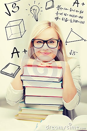 Student with stack of books and doodles