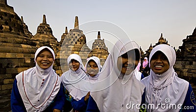 Students at the Borobodur temple in Indonesia