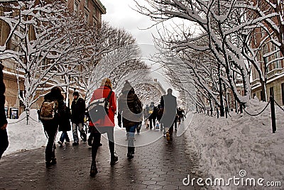 Students at Columbia University in the snow