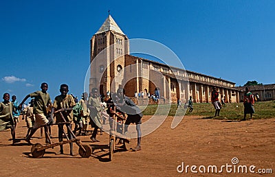 Students outside a Catholic school in Rwanda