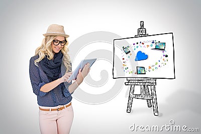 Stylish blonde using tablet pc with app icons and cloud on board