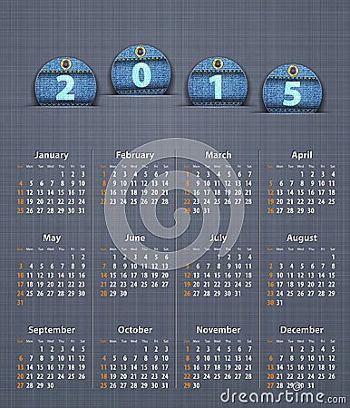 Stylish calendar for 2015 on linen texture with jeans tags