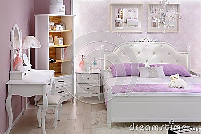 Stylish lilac bedroom with double bed