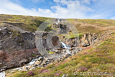 Summer Iceland Landscape with Waterfall and Bright Blue Sky