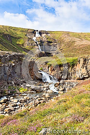 Summer Iceland Landscape with Waterfall and Bright Blue Sky