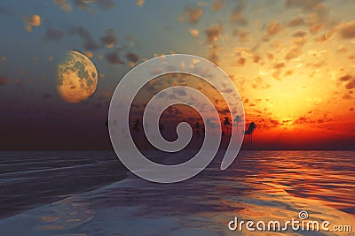 Sun and moon behind island