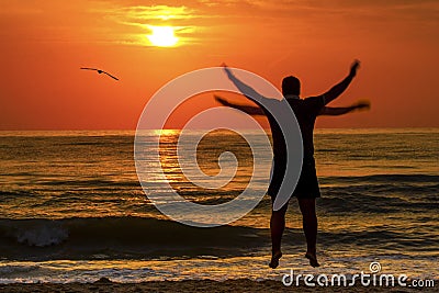Sunrise Sunset Sea Man Silhouette Flying