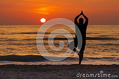 Sunrise Yoga Tree Pose Man Silhouette Meditation