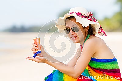 Sunscreen woman. Girl sun block